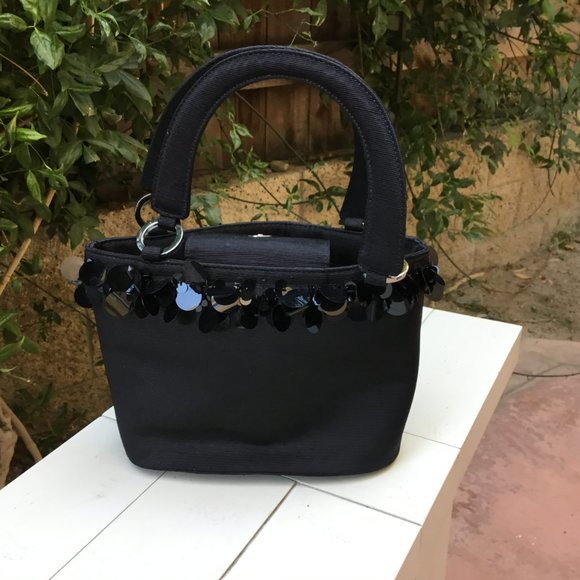 Talbots Black Ribbed Satin Hard Shell Tote Handbag w Paillette Sequins - Picture 2 of 9